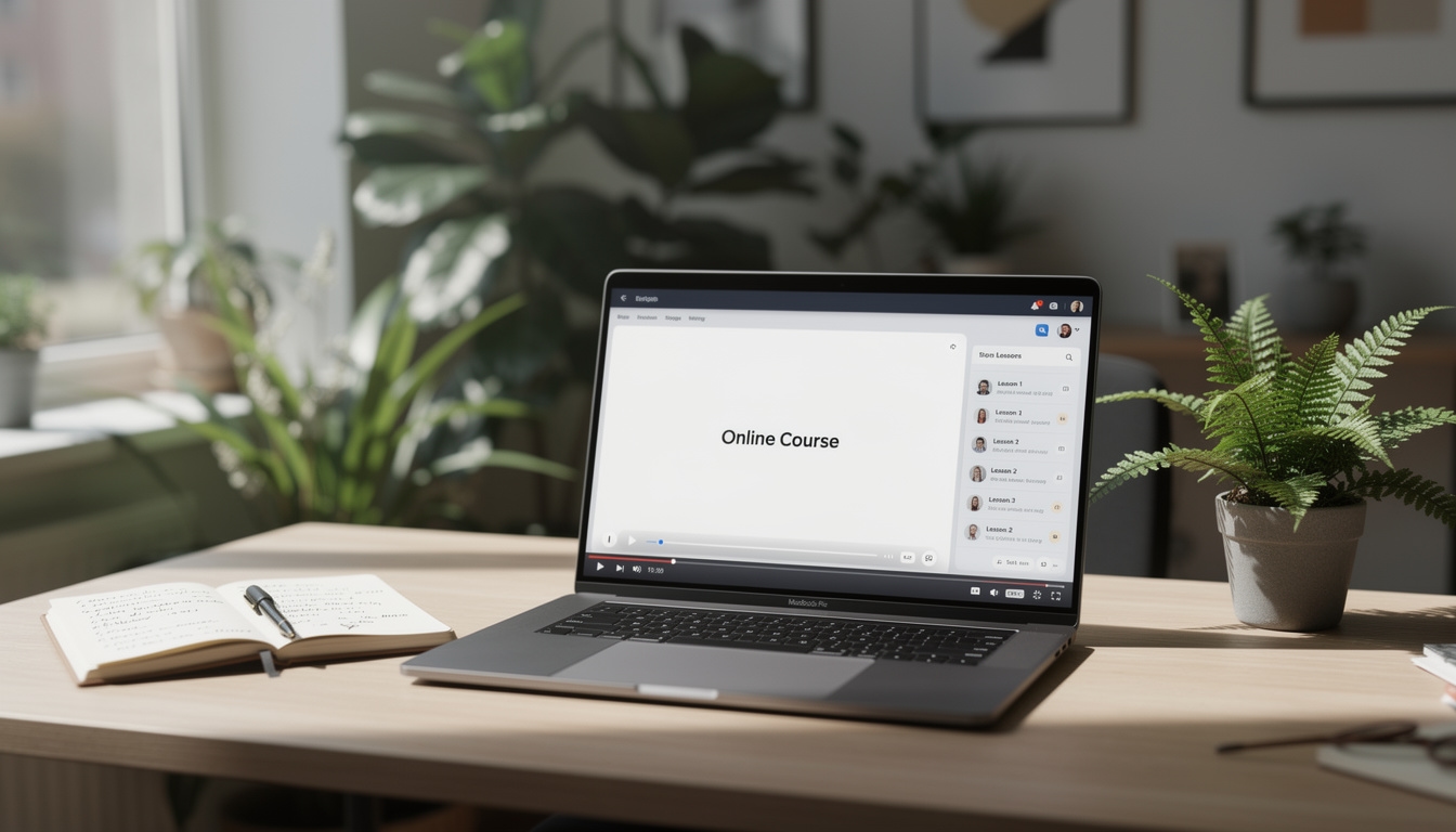 Obsah online kurzu na obrazovce notebooku v příjemném pracovním prostředí