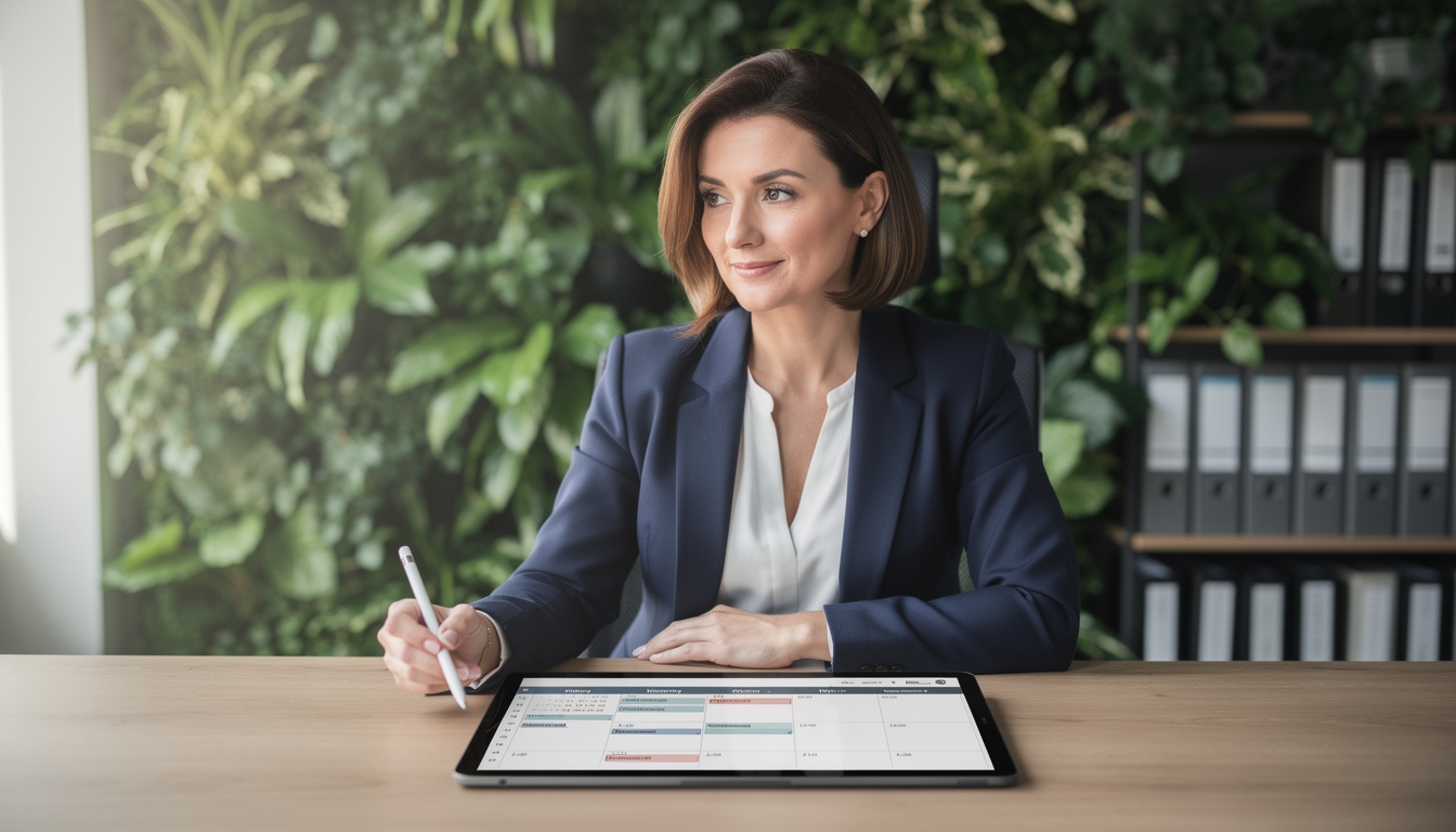 Majitelka malé firmy plánuje pracovní týden s digitálním tabletem